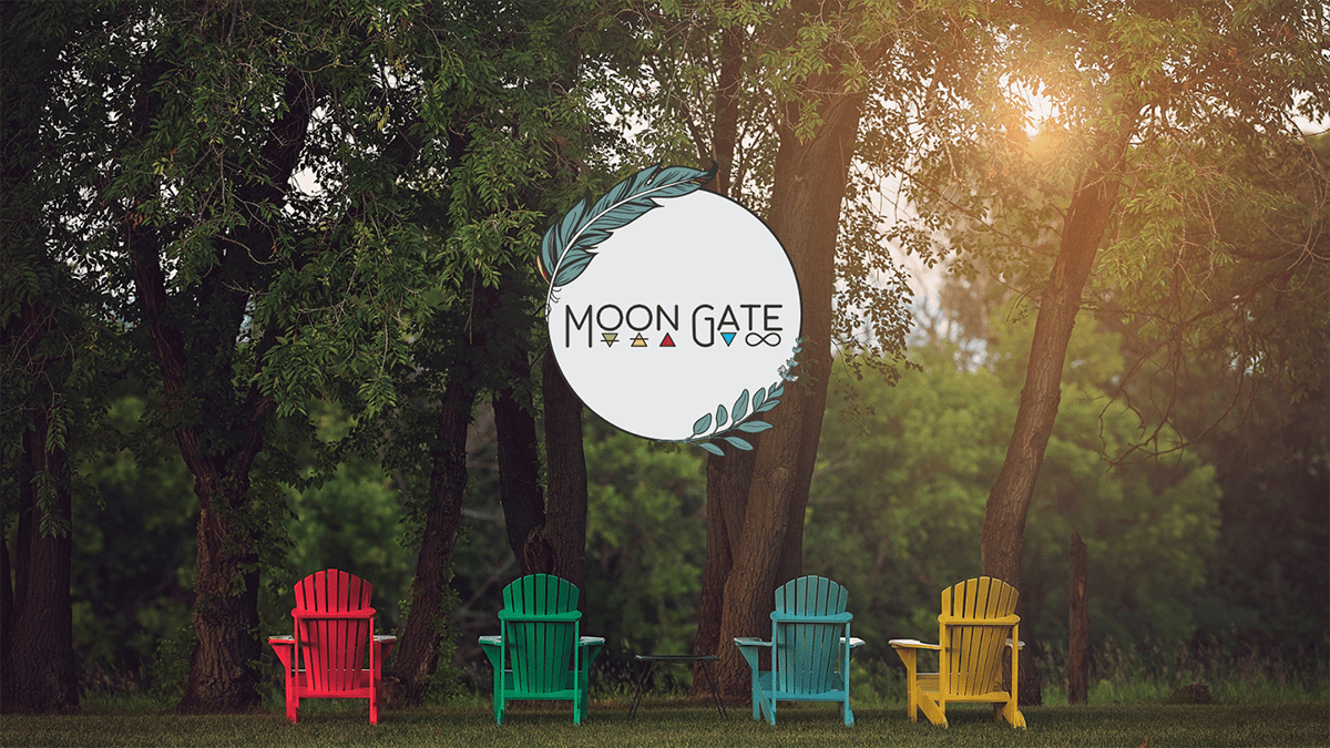 4 colourful adirondack chars in a row facing forest with Moon Gate Logo