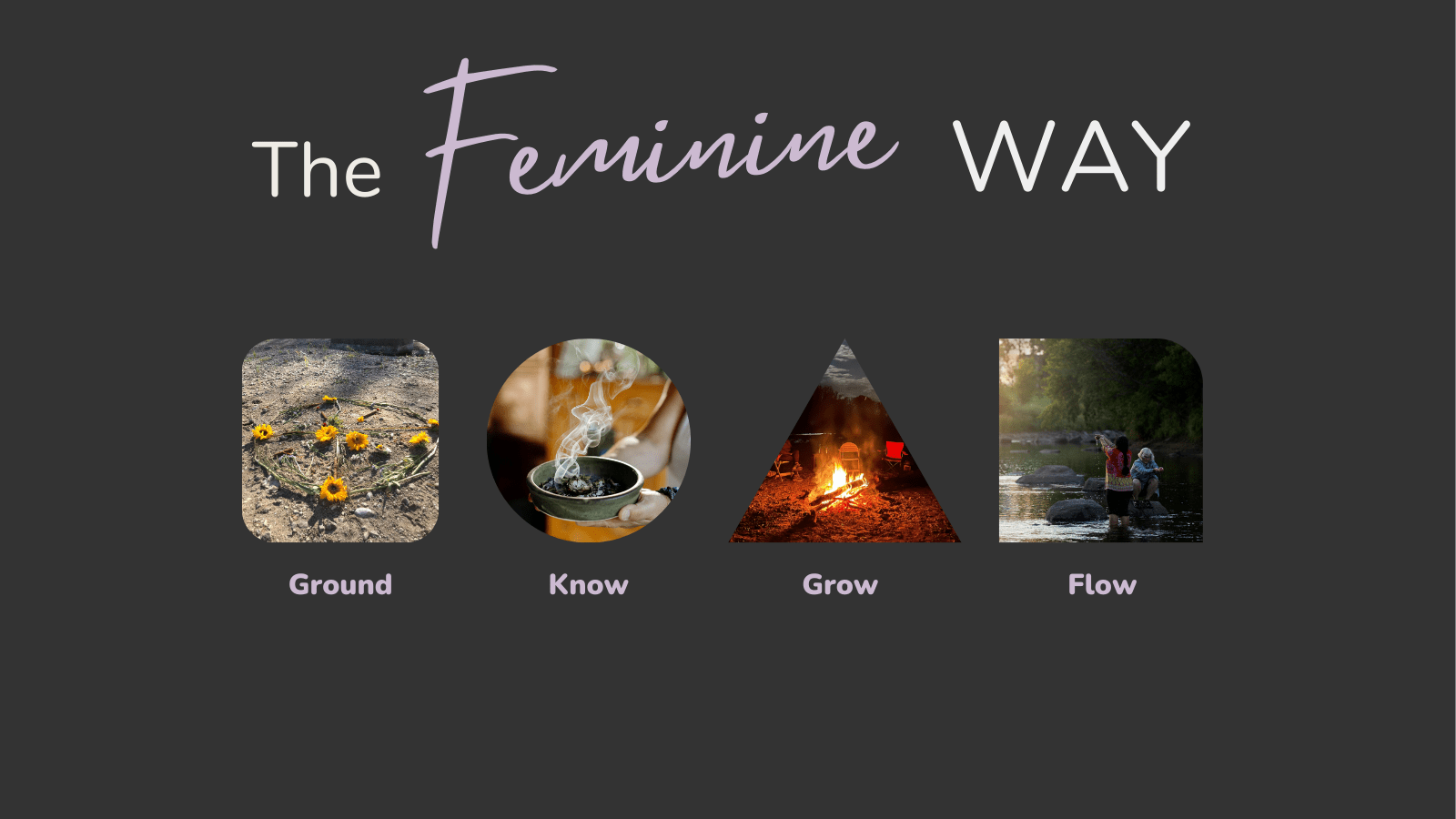 The Feminine Way. 4 elements earth-ground, air-know, fire-grow, water-flow