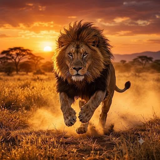 Lion running with sunset in background.